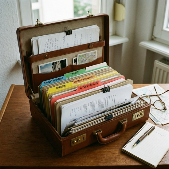 Geöffnete Aktenmappe mit ordentlich sortierten Unterlagen
