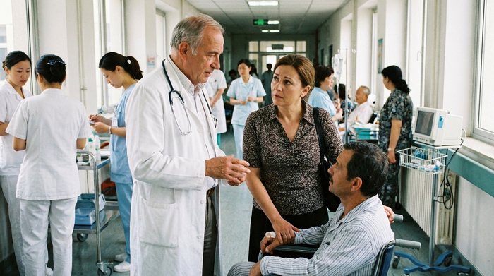 Arzt im weißen Kittel spricht mit Angehörigem im Krankenhausflur