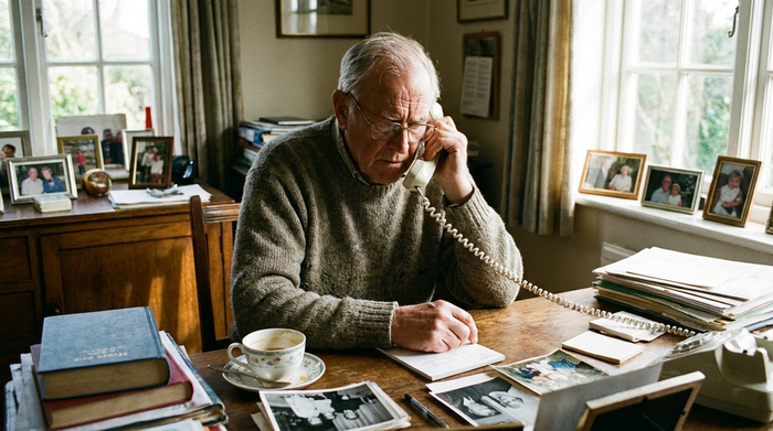 Konzentrierter Angehöriger telefoniert am Schreibtisch