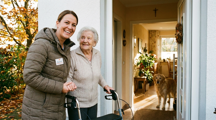 Freundliche Pflegekraft begrüßt Seniorin an der geöffneten Haustür