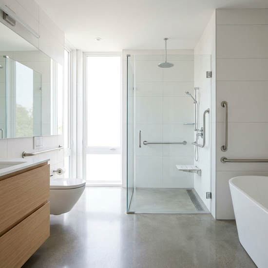 Modernes, helles Badezimmer mit ebenerdiger Dusche und sicheren Haltegriffen
