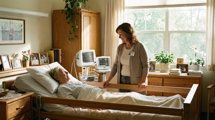 Freundliche Pflegekraft überwacht aufmerksam medizinische Geräte an einem Pflegebett in einem hellen, wohnlichen Zimmer