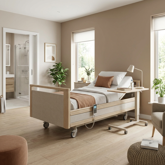 Modernes elektrisches Pflegebett mit Beistelltisch in einem gemütlichen, barrierefreien Schlafzimmer