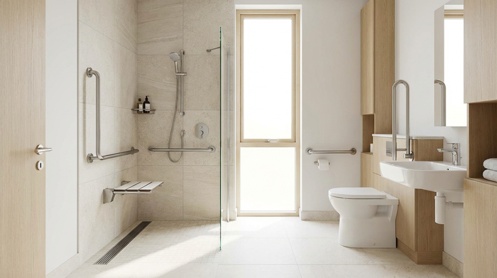 Helles, barrierefreies Badezimmer mit bodengleicher Dusche und stabilen Haltegriffen an den Wänden