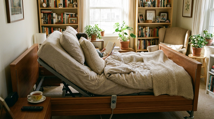 Elektrisch verstellbares Pflegebett mit aufgerichtetem Kopfteil in gemütlicher häuslicher Umgebung