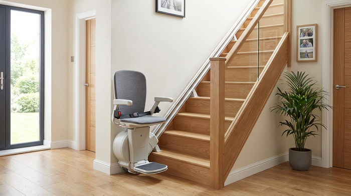 Sicherer und moderner Treppenlift an einer geraden Holztreppe im Einfamilienhaus