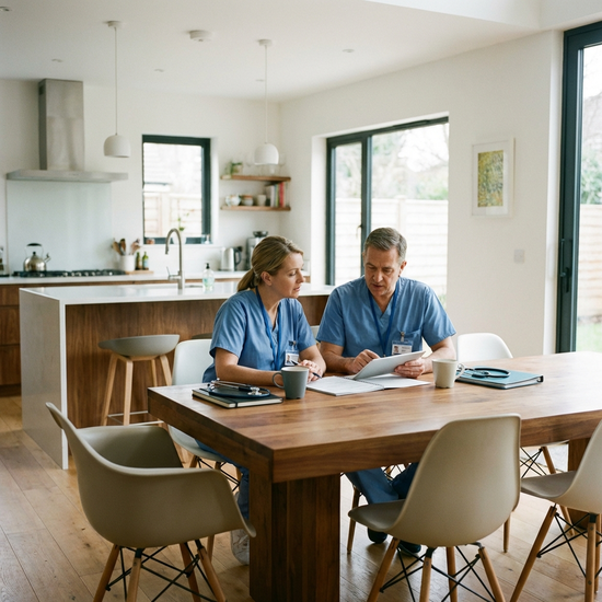 Zwei Pflegekräfte besprechen sich ruhig und konzentriert an einem modernen Küchentisch
