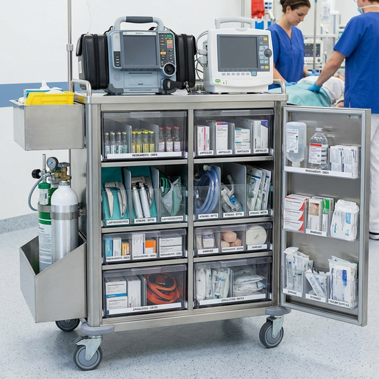Medizinisches Notfall-Equipment und Verbrauchsmaterialien ordentlich sortiert auf einem Rollwagen