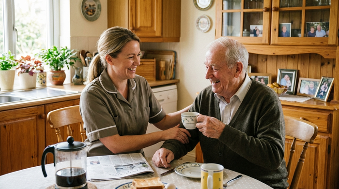 Freundliche Pflegerin hilft älterem Herrn am Küchentisch