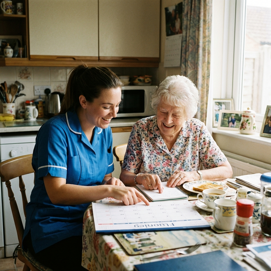 Pflegerin und Seniorin bei der gemeinsamen Tagesplanung