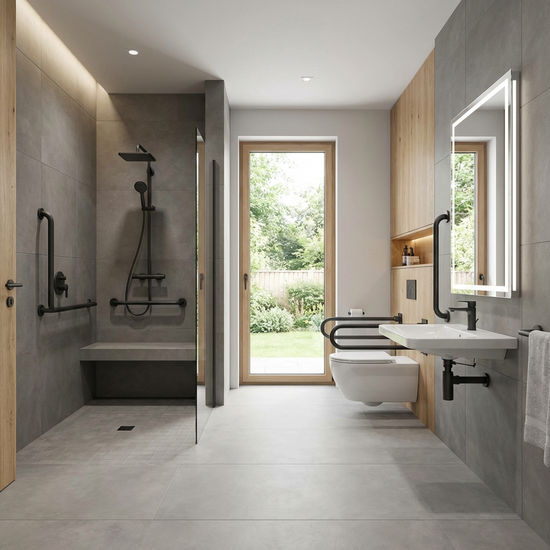 Modernes, barrierefreies Badezimmer mit Haltegriffen