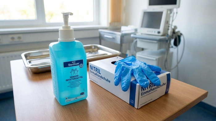 Händedesinfektionsmittel und Einmalhandschuhe bereitgelegt