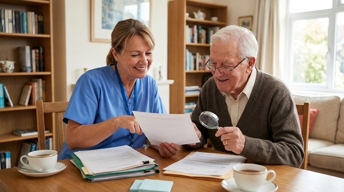 Pflegerin und Senior betrachten gemeinsam Dokumente am Tisch