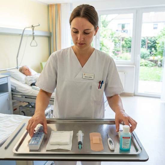 Pflegerin bereitet Utensilien auf einem Tablett vor