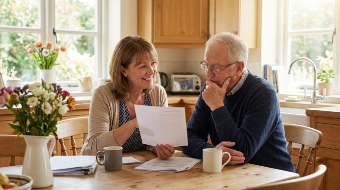 Freundliche Beraterin erklärt einem aufmerksamen Senior ein Dokument am Küchentisch