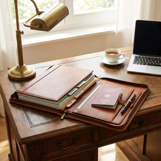 Ordentlich sortierte Mappe mit wichtigen Dokumenten auf einem Schreibtisch