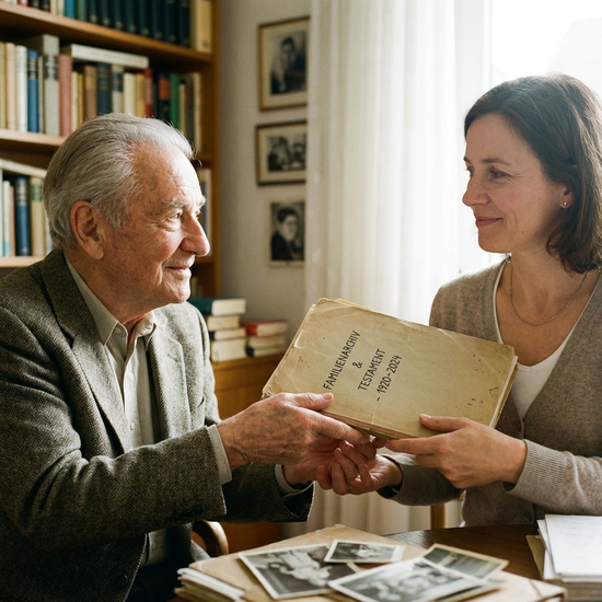 Älterer Herr übergibt vertrauensvoll einen Aktenordner an seine erwachsene Tochter