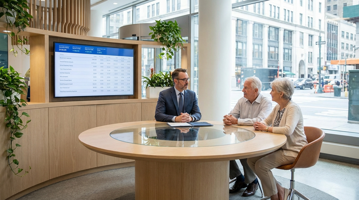 Seriöser Bankberater im Gespräch mit einem älteren Ehepaar in einer modernen Filiale