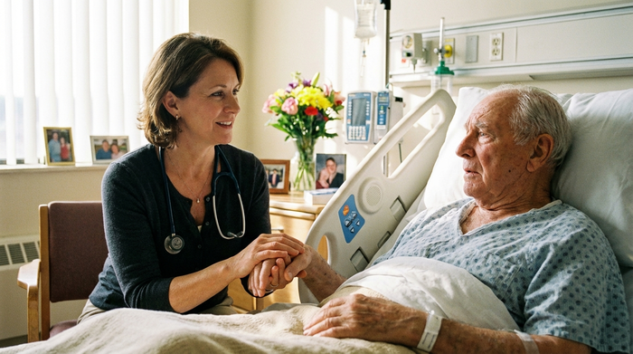 Einfühlsamer Arzt hält beruhigend die Hand eines Patienten im Krankenzimmer