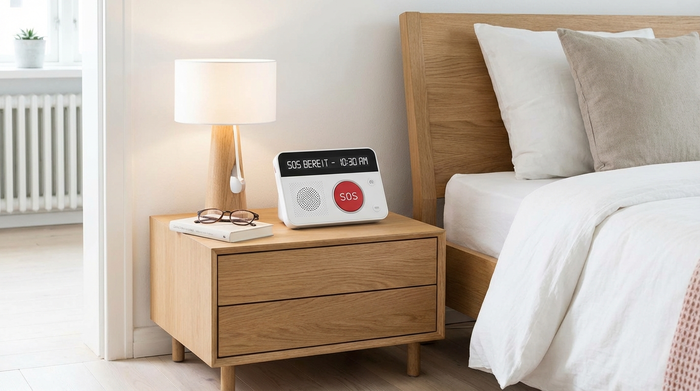 Hausnotruf-Gerät gut sichtbar auf einem modernen Nachttisch