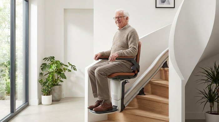 Senior fährt sicher mit einem modernen Treppenlift nach oben