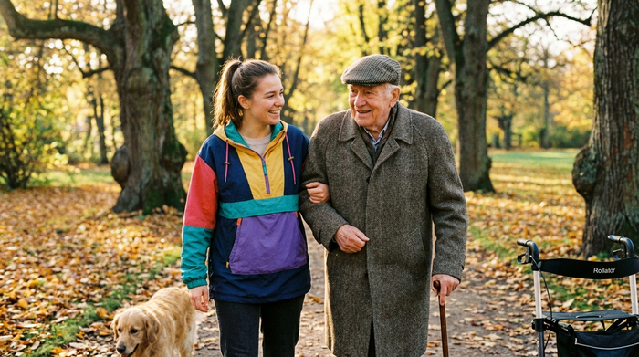 Pflegekraft unterstützt einen älteren Herrn liebevoll beim Spaziergang