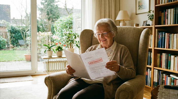 Seniorin liest entspannt in einem hellen Wohnzimmer ein wichtiges Dokument