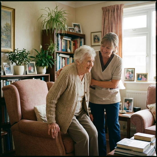 Pflegekraft hilft Seniorin behutsam beim Aufstehen aus einem bequemen Sessel