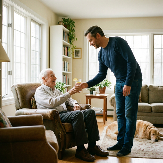 Angehöriger reicht einem älteren Herrn ein Glas Wasser im hellen Wohnzimmer
