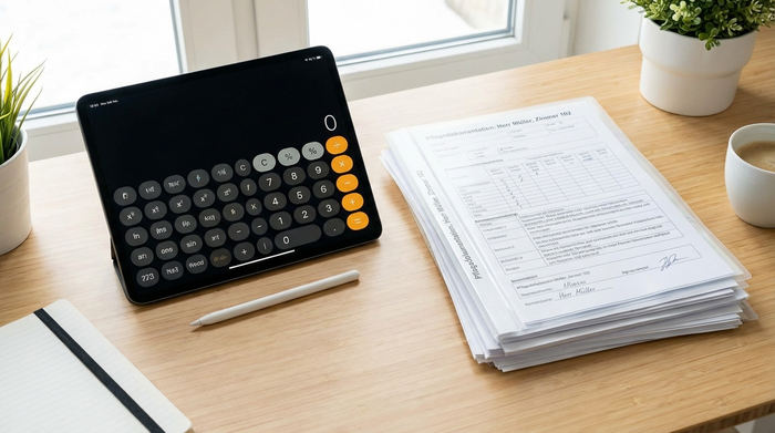 Modernes Tablet mit Taschenrechner neben übersichtlichen Pflegedokumenten auf einem Schreibtisch
