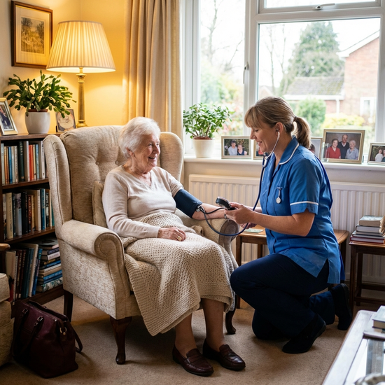 Pflegekraft misst den Blutdruck einer älteren Dame im gemütlichen Sessel