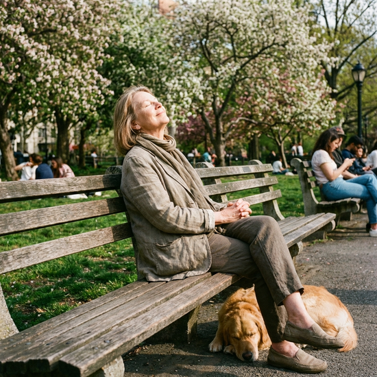 Entspannte ältere Dame genießt die Sonne auf einer Parkbank