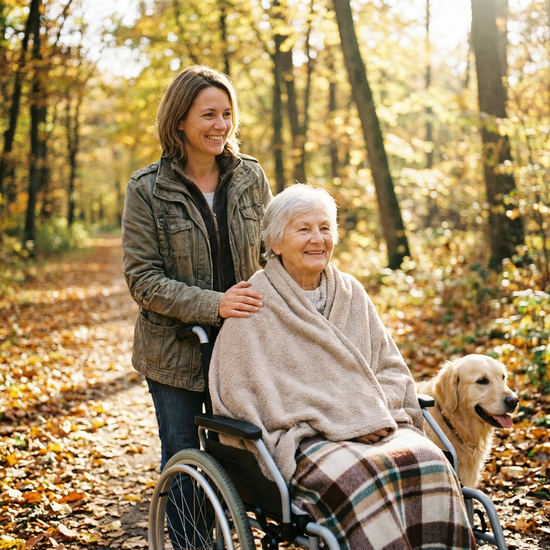 Pflegende Tochter lächelt erleichtert bei einem Spaziergang