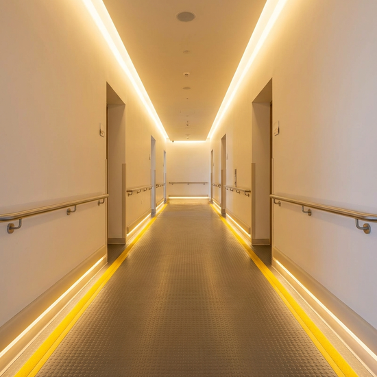 Hell erleuchteter Flur ohne Stolperfallen mit rutschfestem Boden