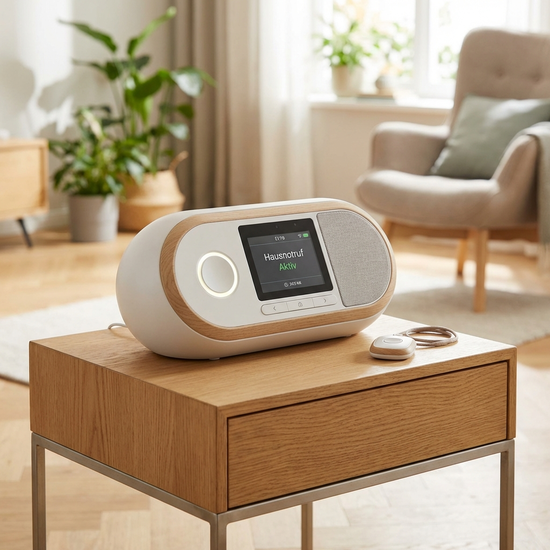 Moderne Basisstation für den Hausnotruf auf einem Beistelltisch