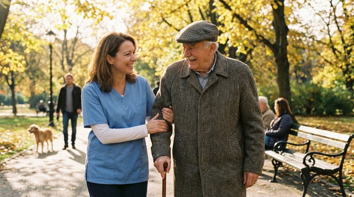 Freundliche Pflegekraft unterstützt einen älteren Herrn beim Spaziergang im Park