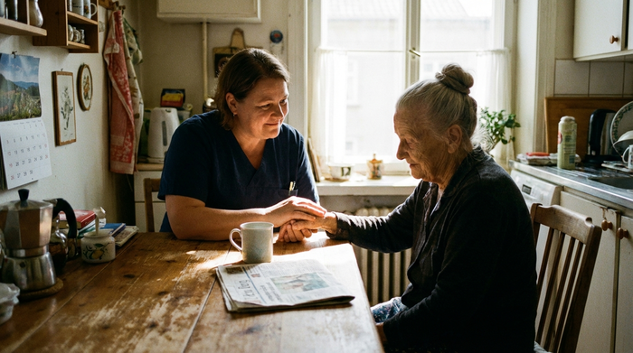 Einfühlsame Pflegekraft sitzt mit einer älteren Dame am Küchentisch und hält beruhigend ihre Hand