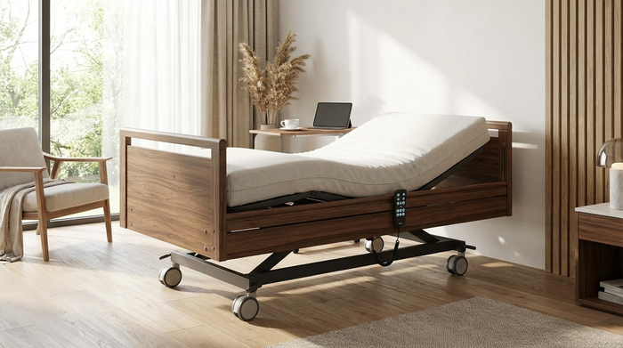 Modernes Pflegebett mit elektrischer Höhenverstellung und elegantem Holzdekor