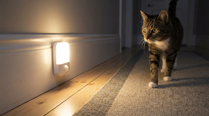 Helles LED-Nachtlicht mit Bewegungssensor an einer Fußleiste