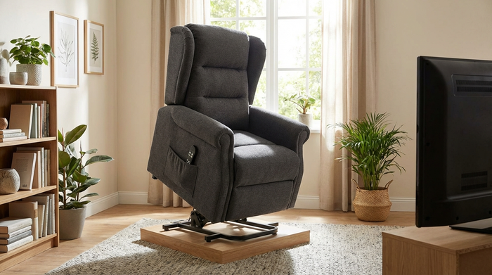 Elektrischer Aufstehsessel im Wohnzimmer in leicht erhöhter Position