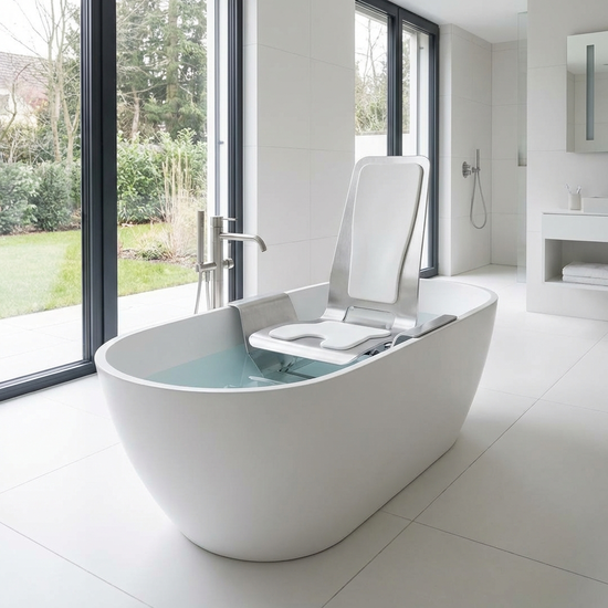 Moderner Badewannenlift in einer weißen Badewanne
