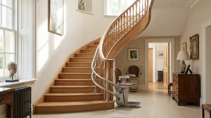 Eleganter Sitz-Treppenlift an einer geschwungenen Holztreppe im Einfamilienhaus