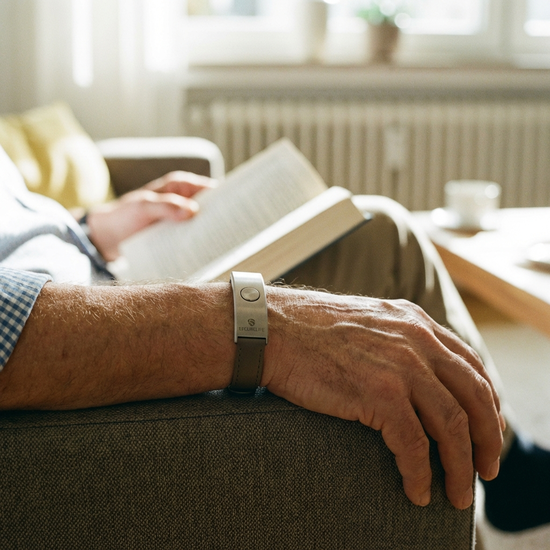 Dezentes Hausnotruf-Armband am Handgelenk eines Seniors