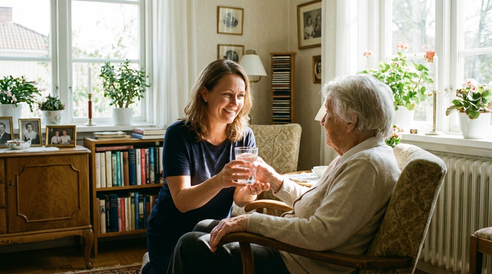 Eine einfühlsame Pflegekraft reicht einer älteren Dame ein Glas Wasser im hellen Wohnzimmer.