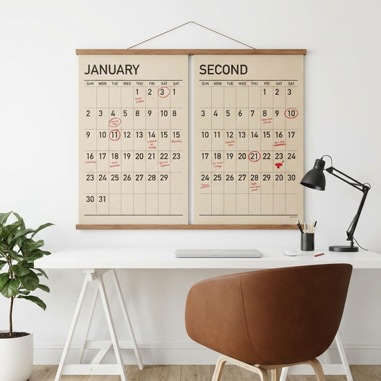 Ein moderner Wandkalender mit rot markierten Terminen für das erste und zweite Halbjahr.