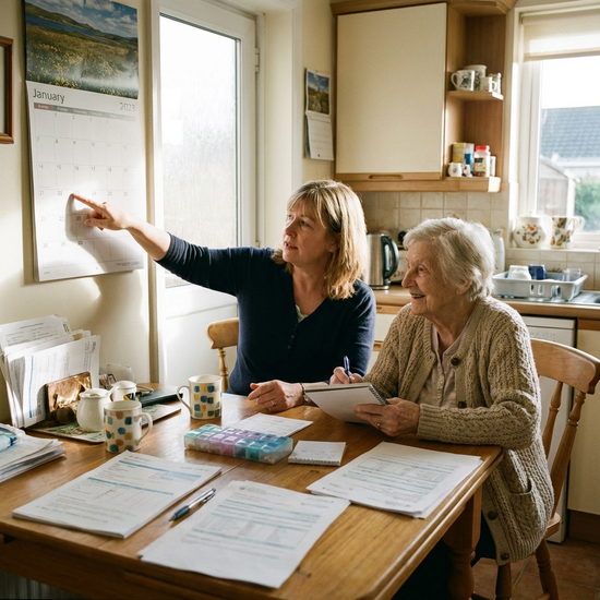 Tochter und pflegebedürftige Mutter besprechen gemeinsam Termine am Küchentisch.
