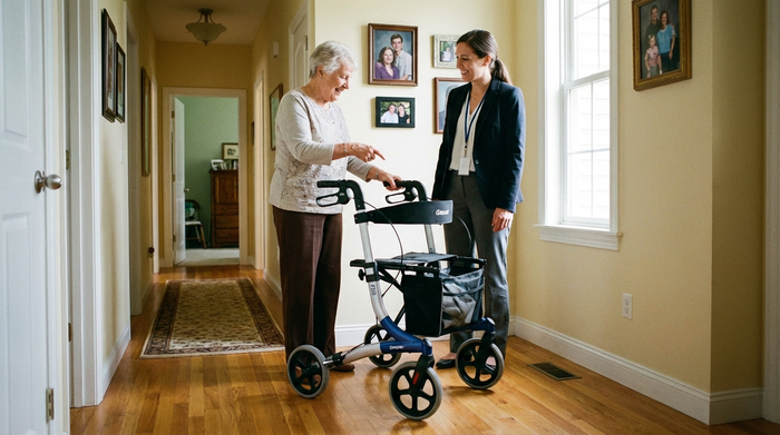 Seniorin zeigt der Beraterin stolz ihren neuen, sicheren Rollator im Flur.