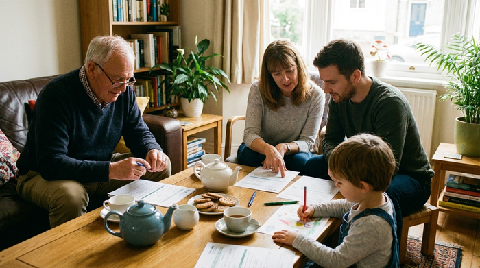 Gemeinsames Ausfüllen von Formularen am Wohnzimmertisch bei einer Tasse Tee.