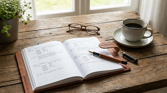 Ordentlich geführtes Pflegetagebuch liegt aufgeschlagen auf einem Holztisch, daneben ein Stift und eine Kaffeetasse