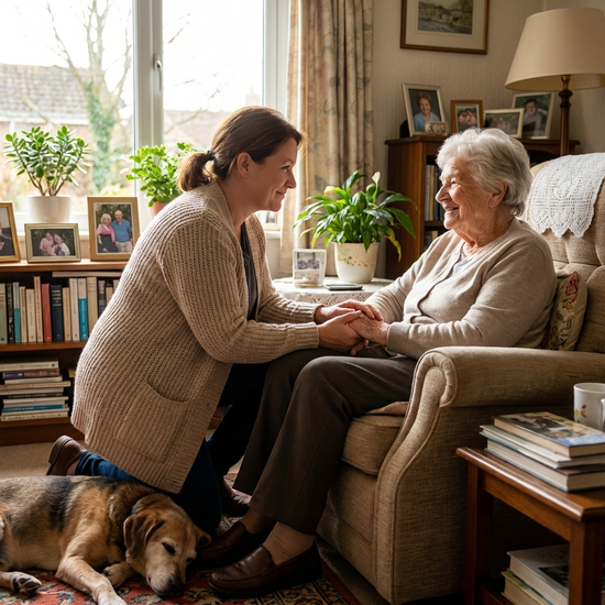 Ältere Dame wird von einer Pflegekraft im eigenen Zuhause liebevoll betreut